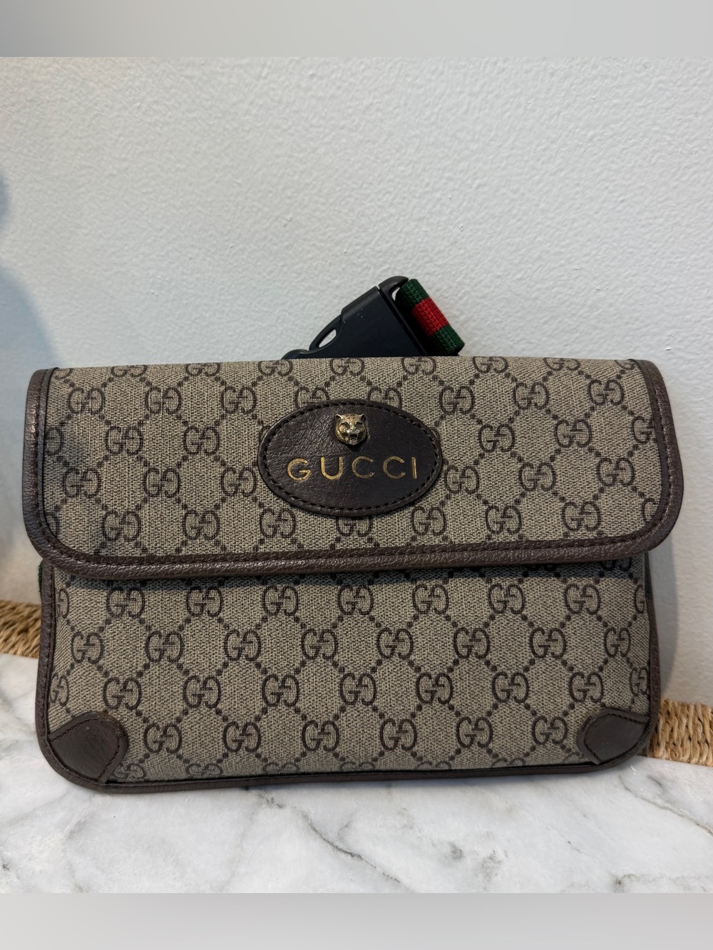 Gucci GG Monogram Belt Bag Brown Leather Trim Green Red Web Strap